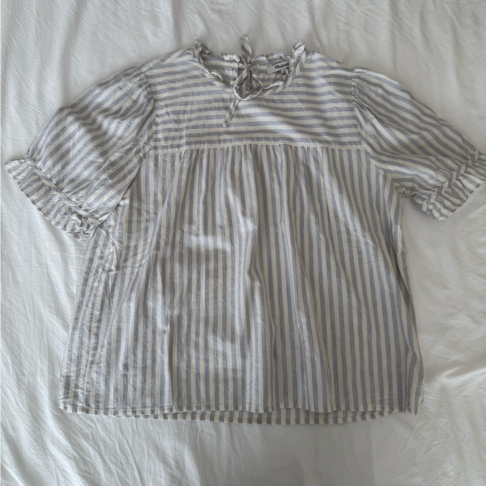 Women’s Madewell Cream & Blue Striped Ruffle/Tie Neck And Sleeve Blouse